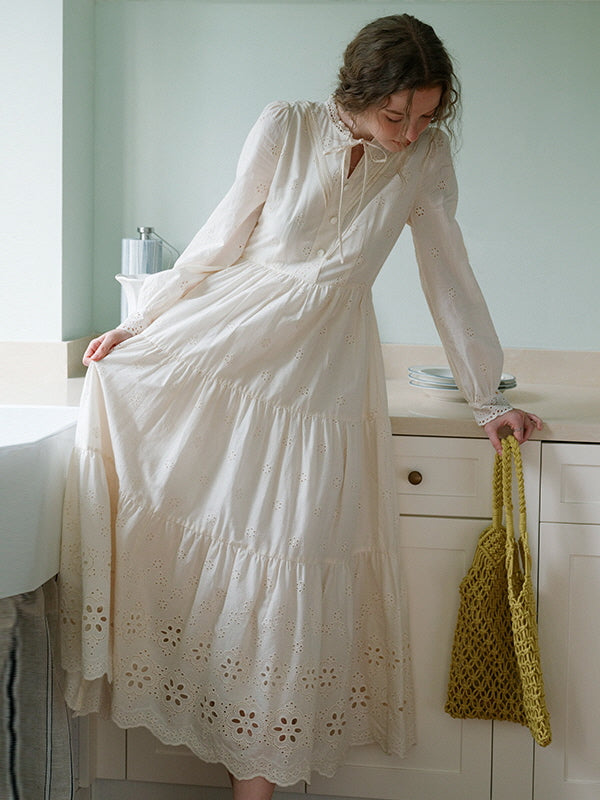Cottagecore Lace Tiered Cotton Dress - White / S Cottagecore Lace Tiered Cotton Dress - White / S