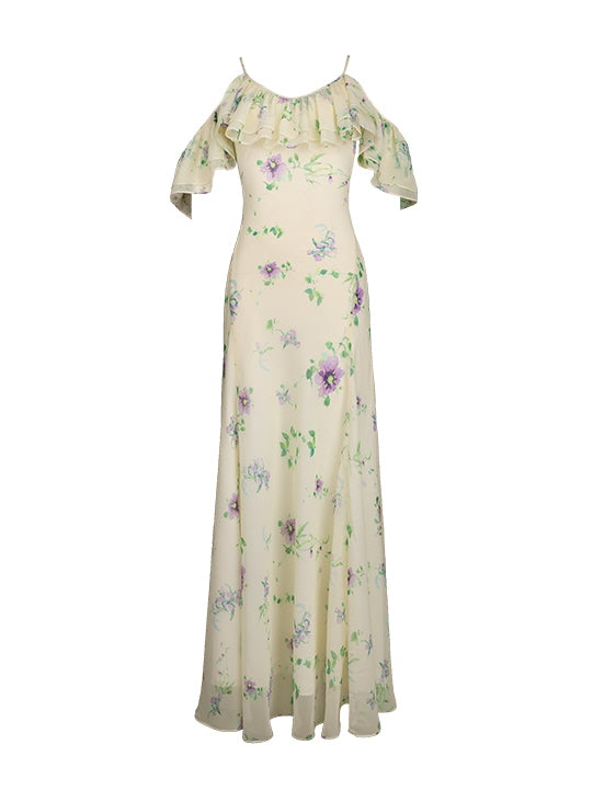 Front view of a pale yellow off-shoulder maxi dress with floral print and ruffled neckline, perfect for summer fairycore or romantic garden looks.