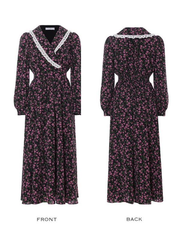 Vintage Floral Lace-Trim Long Dress